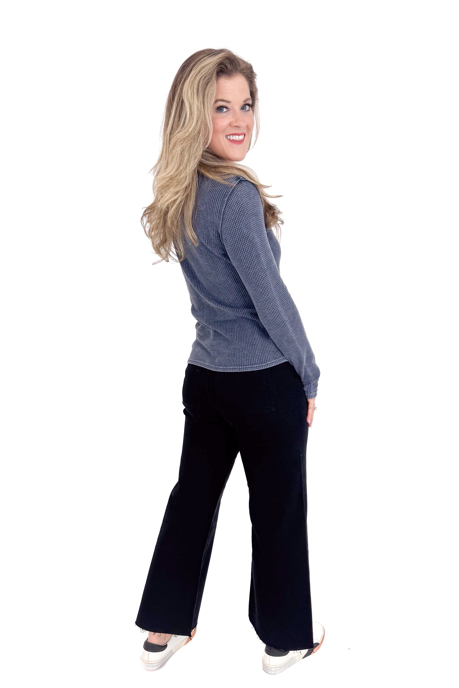 Model wearing blue sapphire Arlet mini thermal top by Z Supply side full view