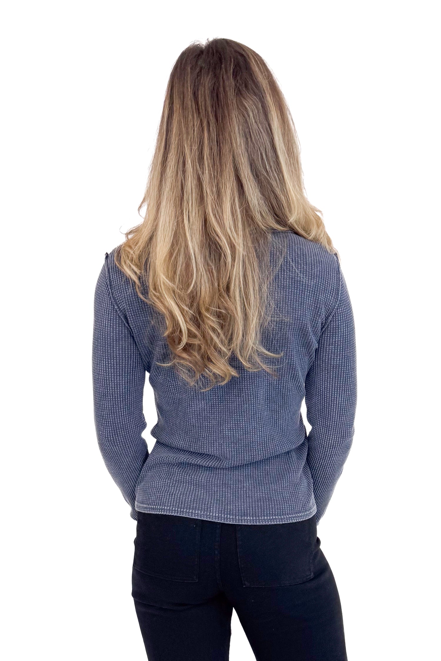 Model wearing blue sapphire Arlet mini thermal top by Z Supply back view