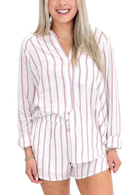 Front view of woman wearing The Perfect Line Top In Spanish Rose by Z Supply with matching shorts against white studio background.