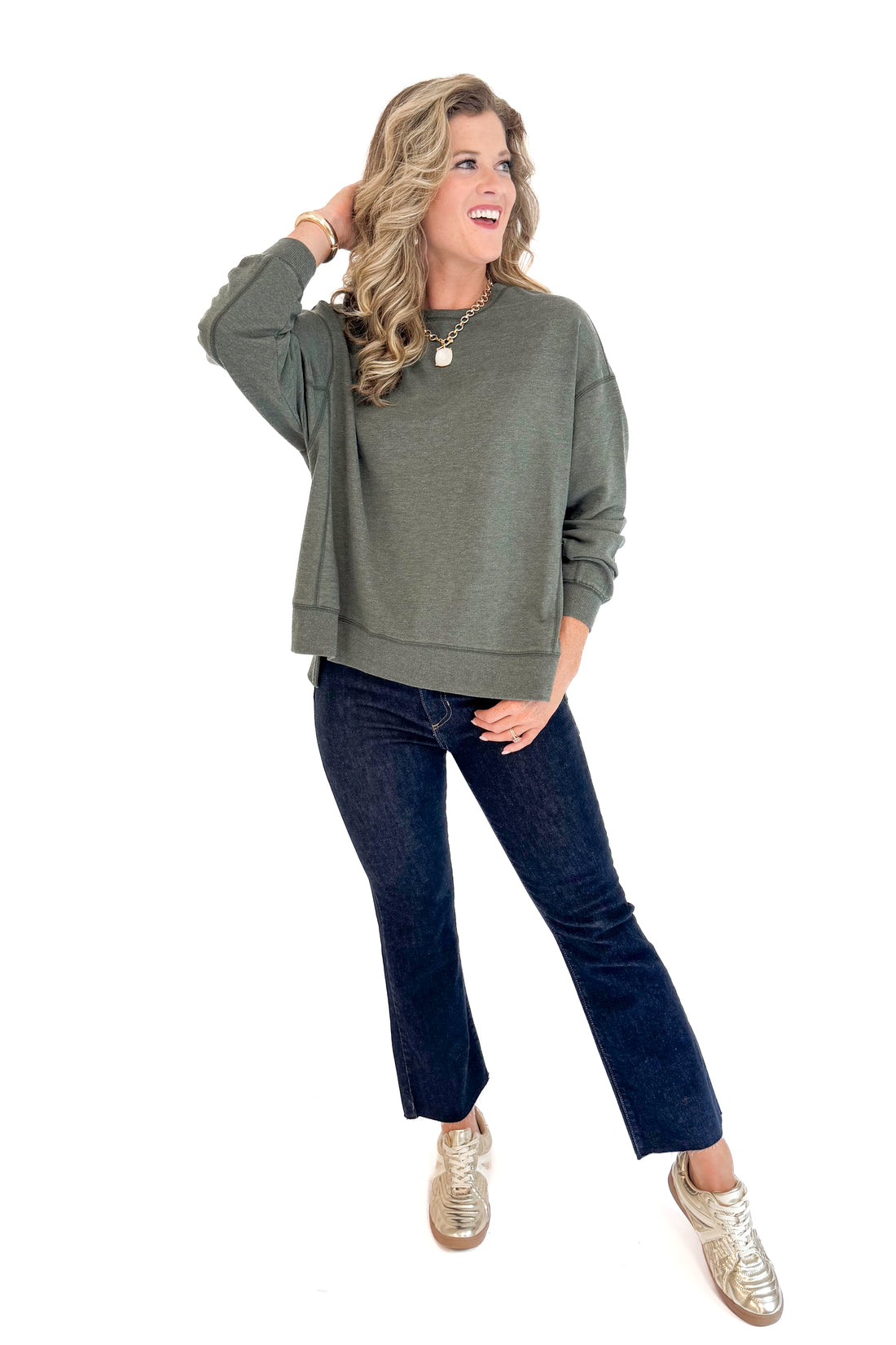 Woman wearing Modern Weekender In Artichoke by Z Supply - front view showing relaxed fit and artichoke green color