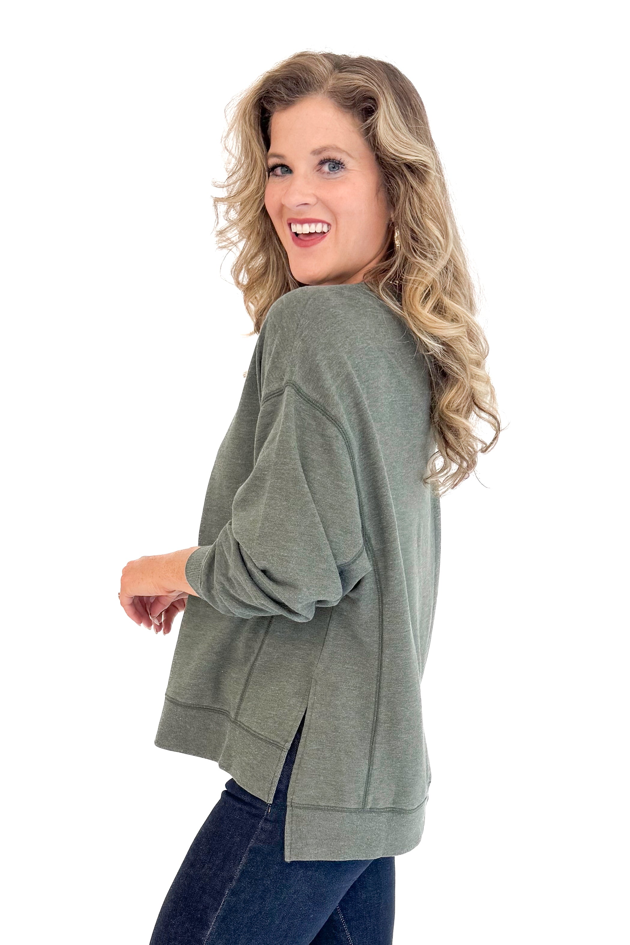 Woman wearing Modern Weekender In Artichoke by Z Supply - side view showing relaxed fit and artichoke green color