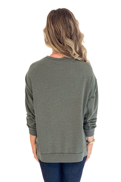 Woman wearing Modern Weekender In Artichoke by Z Supply - back view showing relaxed fit and artichoke green color