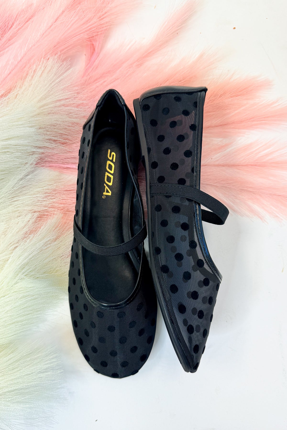 Zenda- Black Polka Dot Mesh Flat against studio background