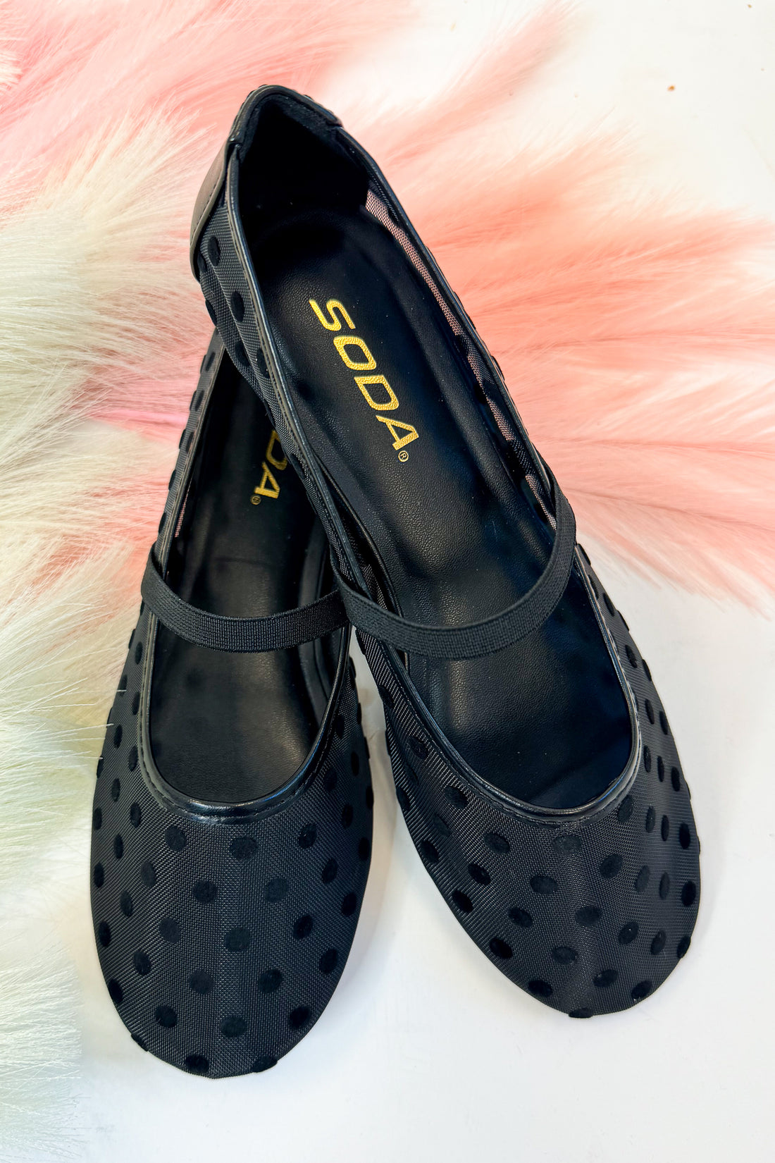 Zenda- Black Polka Dot Mesh Flat against studio background