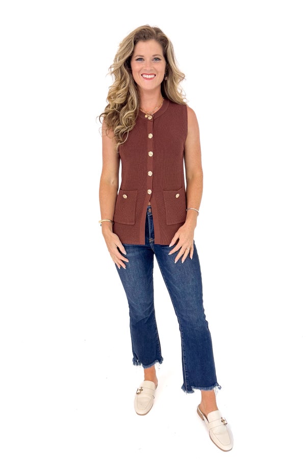 Raise The Stakes Brown Button Detail Sweater Vest by Entro