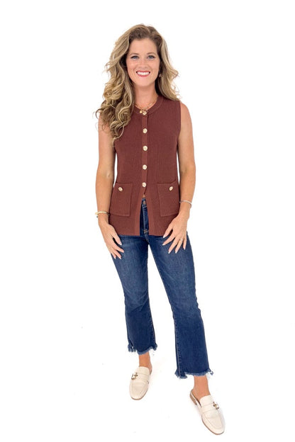 Raise The Stakes Brown Button Detail Sweater Vest by Entro