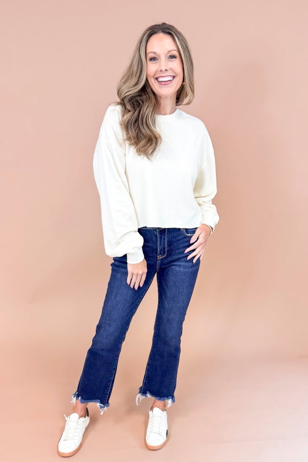 Jump Start Cream Cropped Raw Hem Sweatshirt