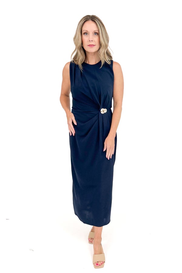 Good To The Last Drop Navy Pleat Detail With Gold Accent Midi Dress by Entro
