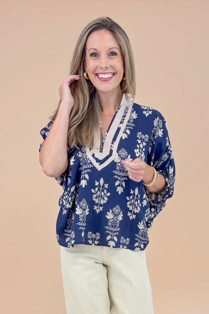 Rake It In Navy Botanical Print With Stripe Detail Top by Entro