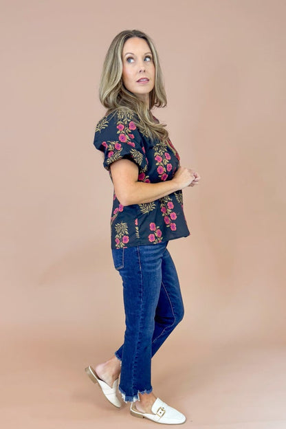 Run The Show Black Floral Print With Olive &amp; Burgundy Lined Top by Entro
