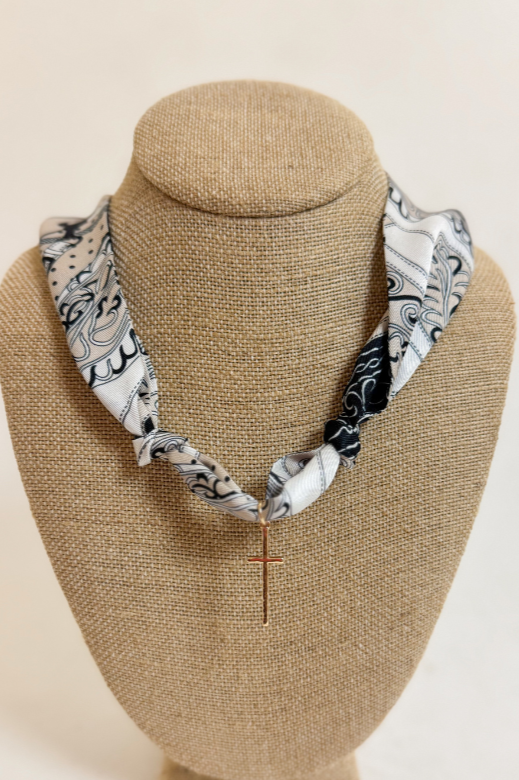 Cream, Tan &amp; Black Scarf Necklace With Gold Cross Charm