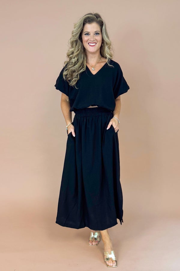 Jet Set Black Side Slit Midi Skirt by Entro