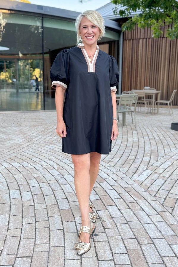 Swept Away Black With Cream &amp; Brown Stripe Detail Dress by Entro
