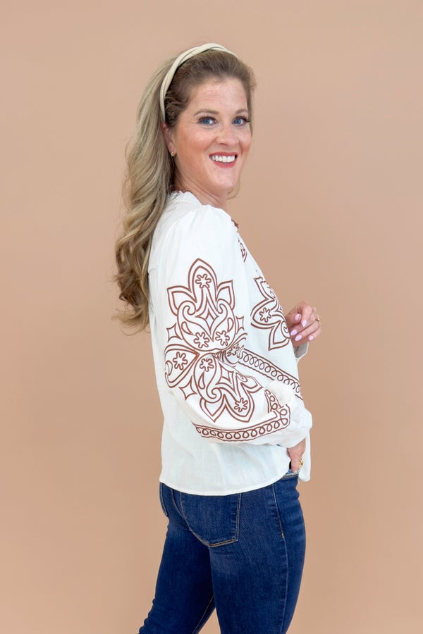 Chai Time Ivory &amp; Brown Embroidered Detail Top