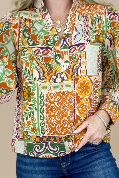 Travel Light Taupe, Rust &amp; Multi Printed V-neck Top
