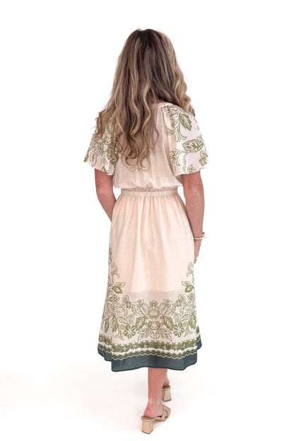 Café In Paris Cream &amp; Olive Printed Button Up Dress by Skies Are Blue
