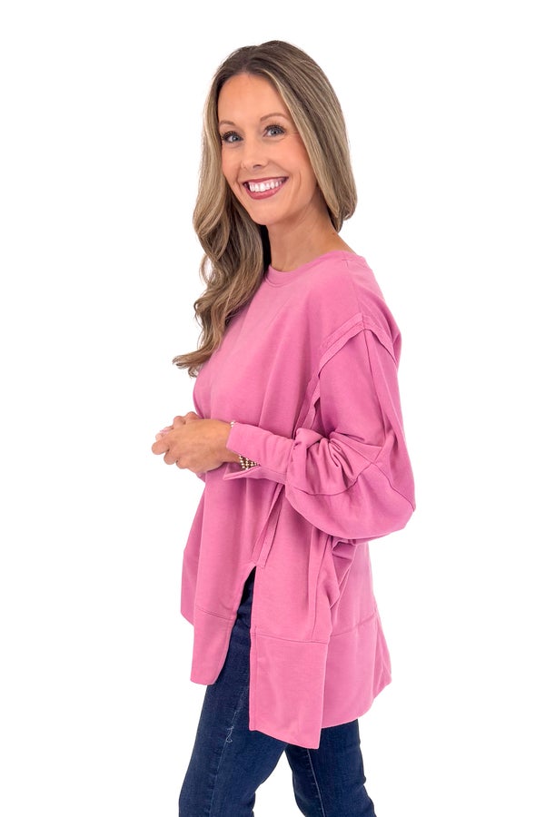 Falling For You Pink Puff Sleeve Seam Detail Sweatshirt