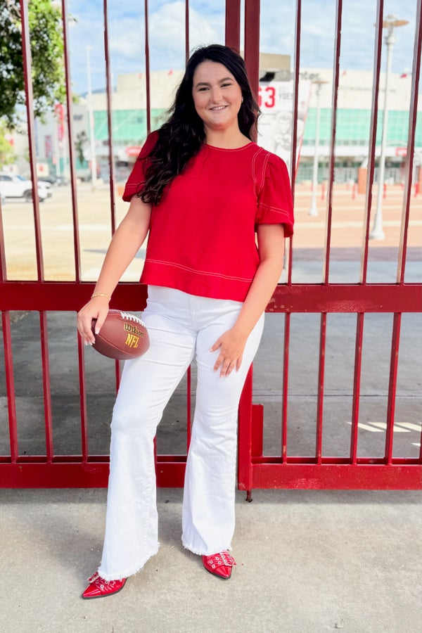 Friday Night Lights Red Stitch Detail Puff Sleeve Top