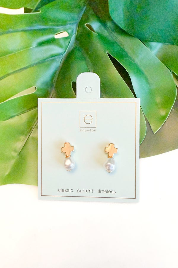 Signature Cross Pearl/Gold Stud Earrings by e newton