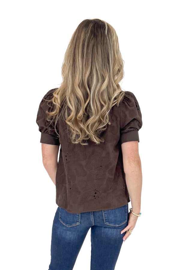 Pourover Perfection Brown Lace Puff Sleeve Top