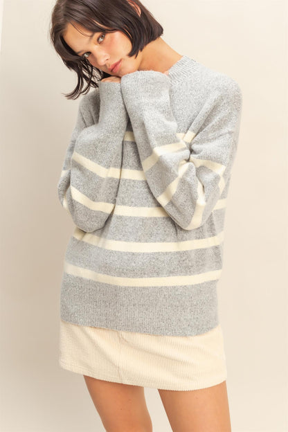 Light As Air Gray &amp; Cream Striped Mock Neck Sweater