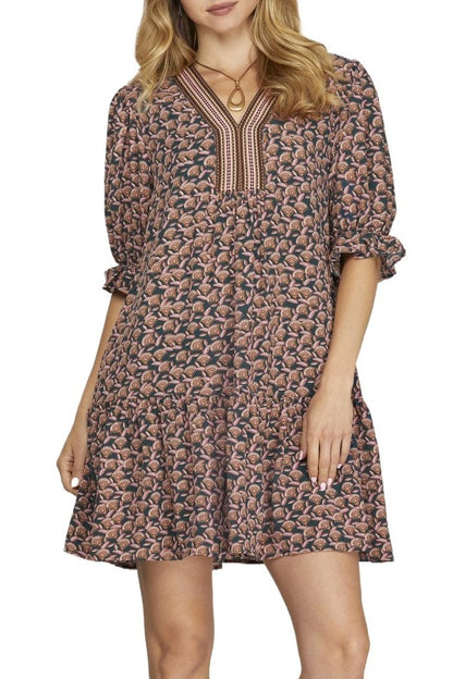 Here For It Teal Printed Puff Sleeve Dress by She + Sky
