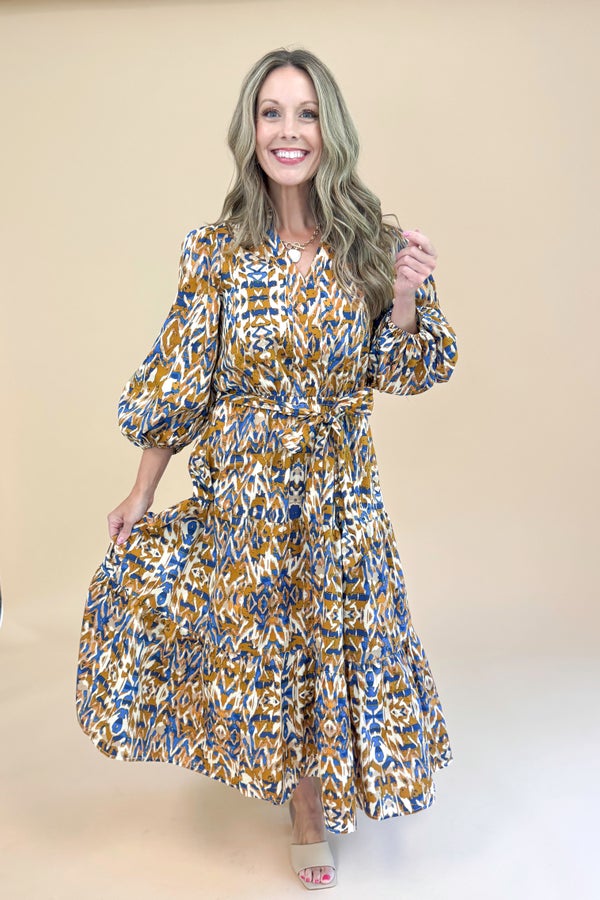Steep Dreams Camel &amp; Blue Printed Puff Sleeve Midi Dress