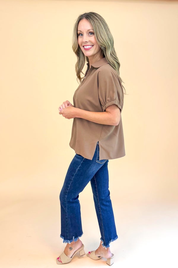 Hear Me Roar Mocha Collared V-neck Top