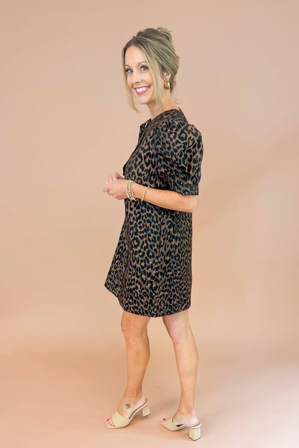 Double Down Leopard Textured Dress With Gold Buttons by Entro