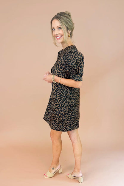 Double Down Leopard Textured Dress With Gold Buttons by Entro