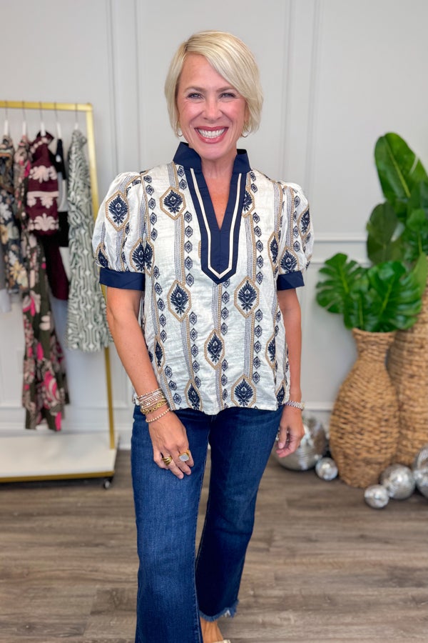 Fall Feels Navy &amp; Cream Embroidered Abstract Print Top by Entro