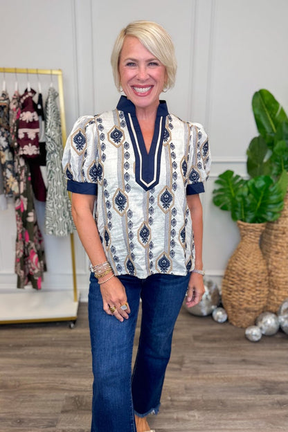 Fall Feels Navy &amp; Cream Embroidered Abstract Print Top by Entro
