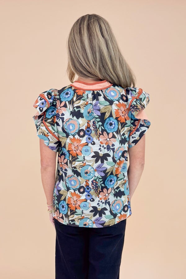 On The Go Multi Floral With Rust Stripe Detail Flutter Sleeve Top by Entro