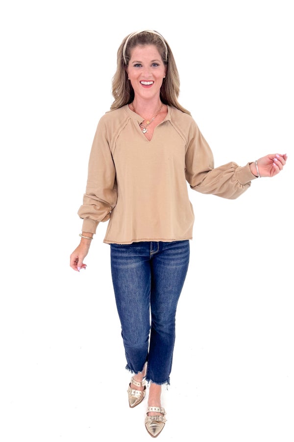 TAUPE V-NECK LONG SLEEVE TOP