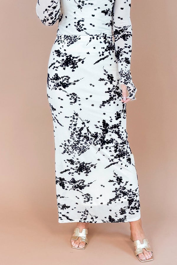 The Afterparty Cream With Black Textured Floral Print Skirt