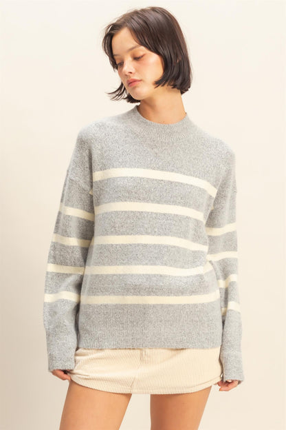 Light As Air Gray &amp; Cream Striped Mock Neck Sweater