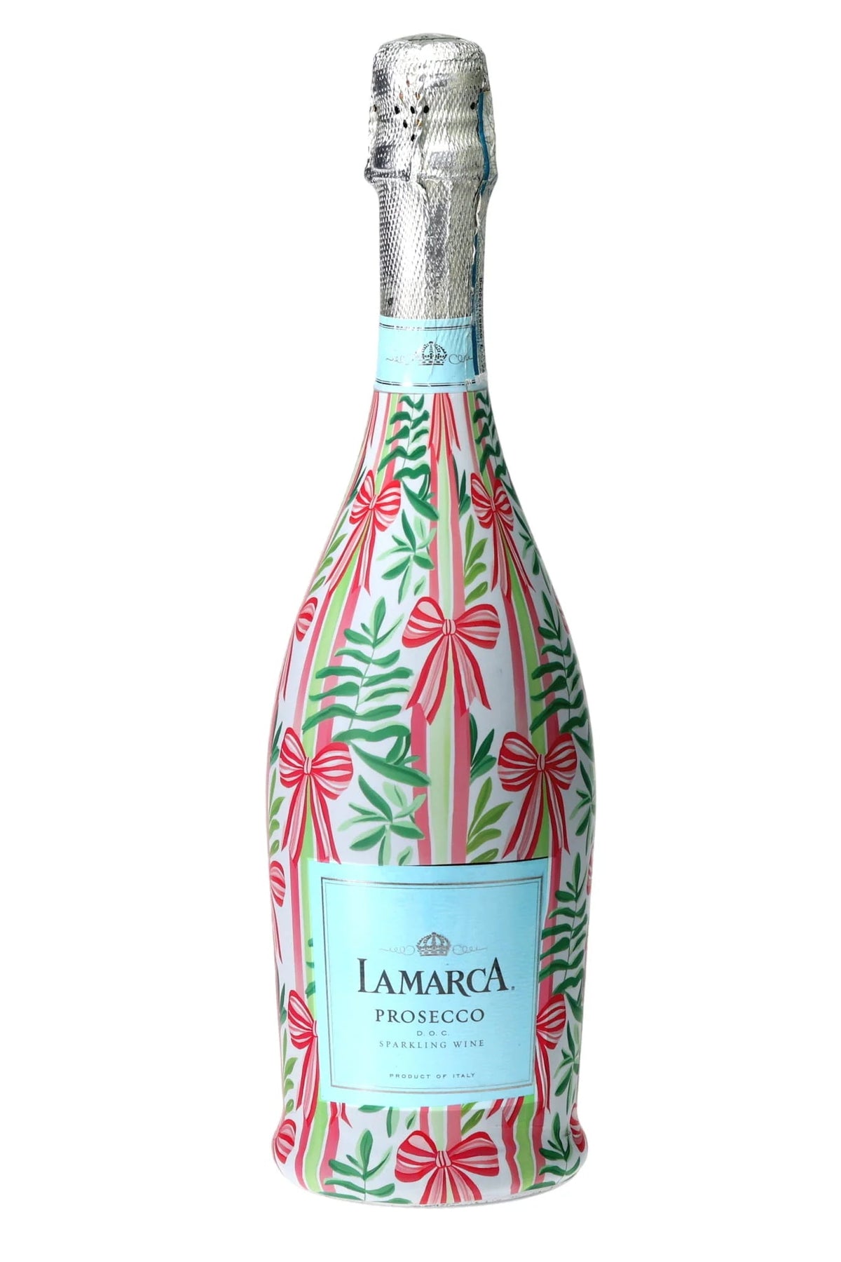 prosecco bottle with stripe and bow design