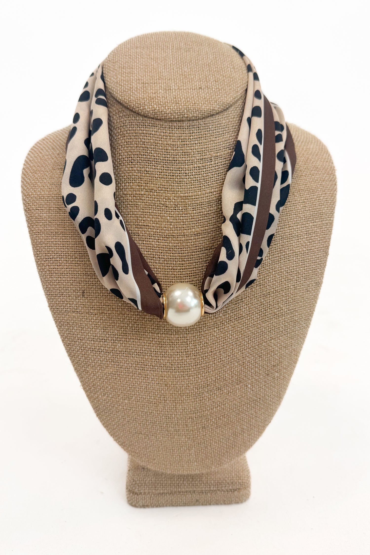 brown leopard detail scarf necklace with magnetic pearl detail 