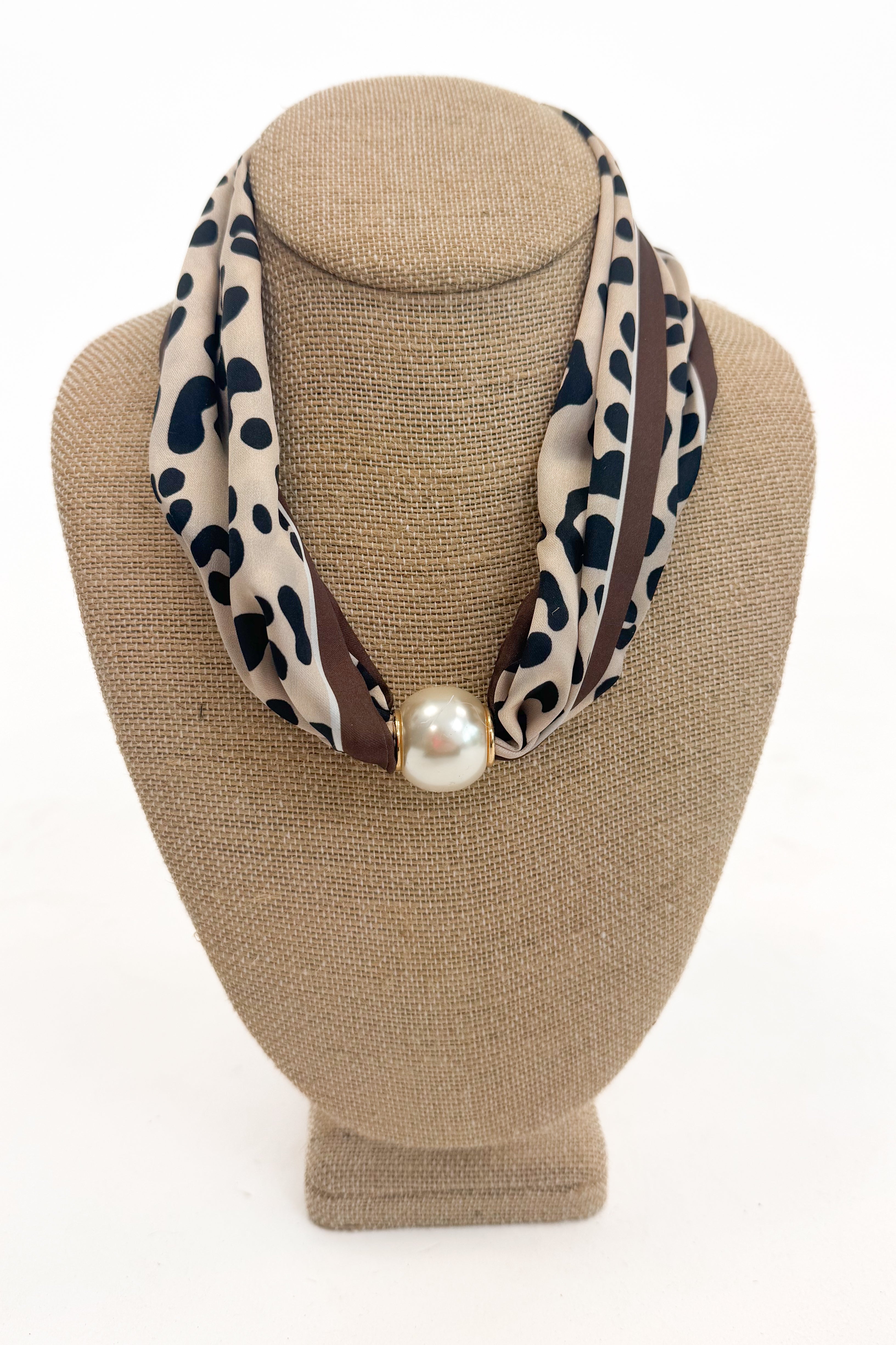 brown leopard detail scarf necklace with magnetic pearl detail 