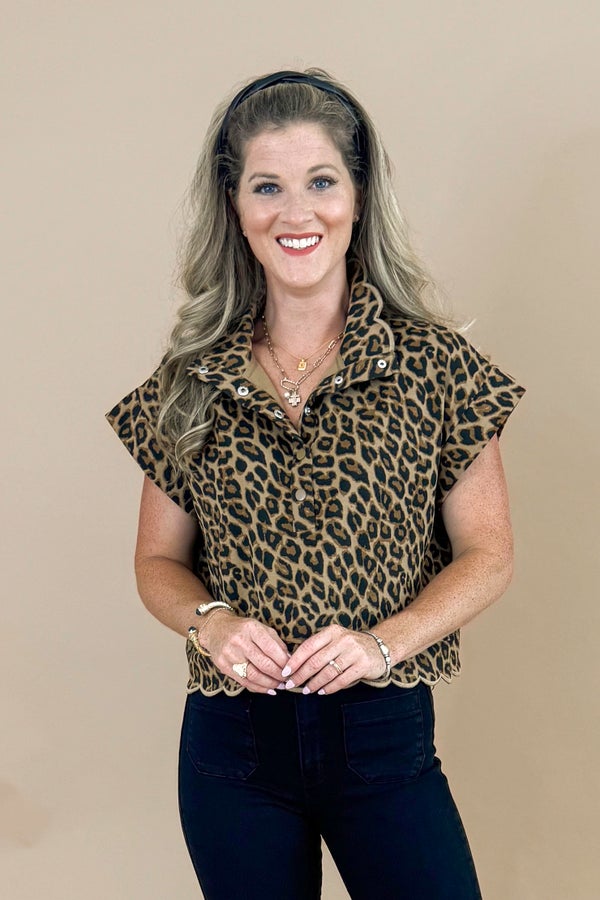 Wild Intentions Leopard Scallop Hem Short Sleeve Sweatshirt Top