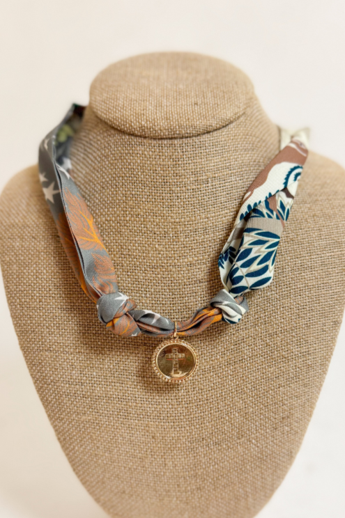 Tan &amp; Gray Scarf Necklace With Gold Cross Charm