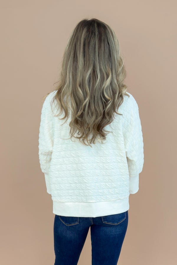 Pour Some Sugar On Me Ivory Textured 3/4 Sleeve Sweatshirt Top