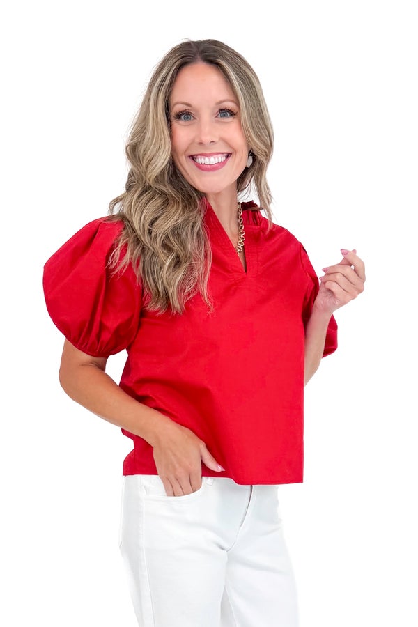 Play Action Red Puff Sleeve V-Neck Top