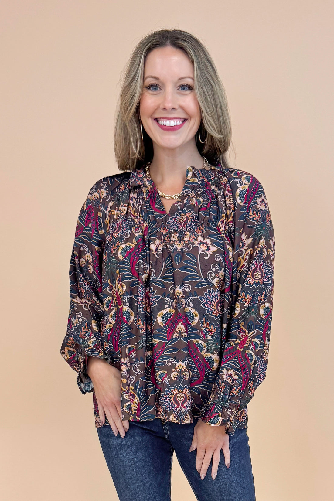 VIP Vibes Brown &amp; Multi Printed Long Sleeve Top
