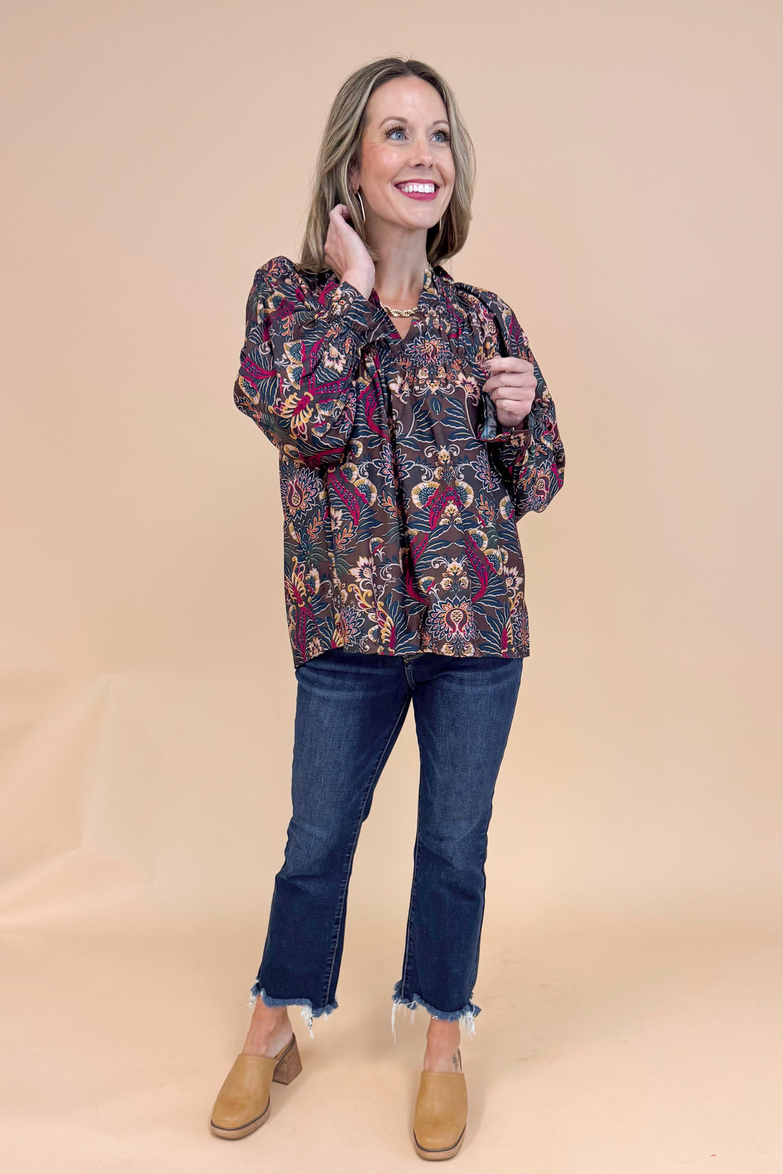 VIP Vibes Brown & Multi Printed Long Sleeve Top