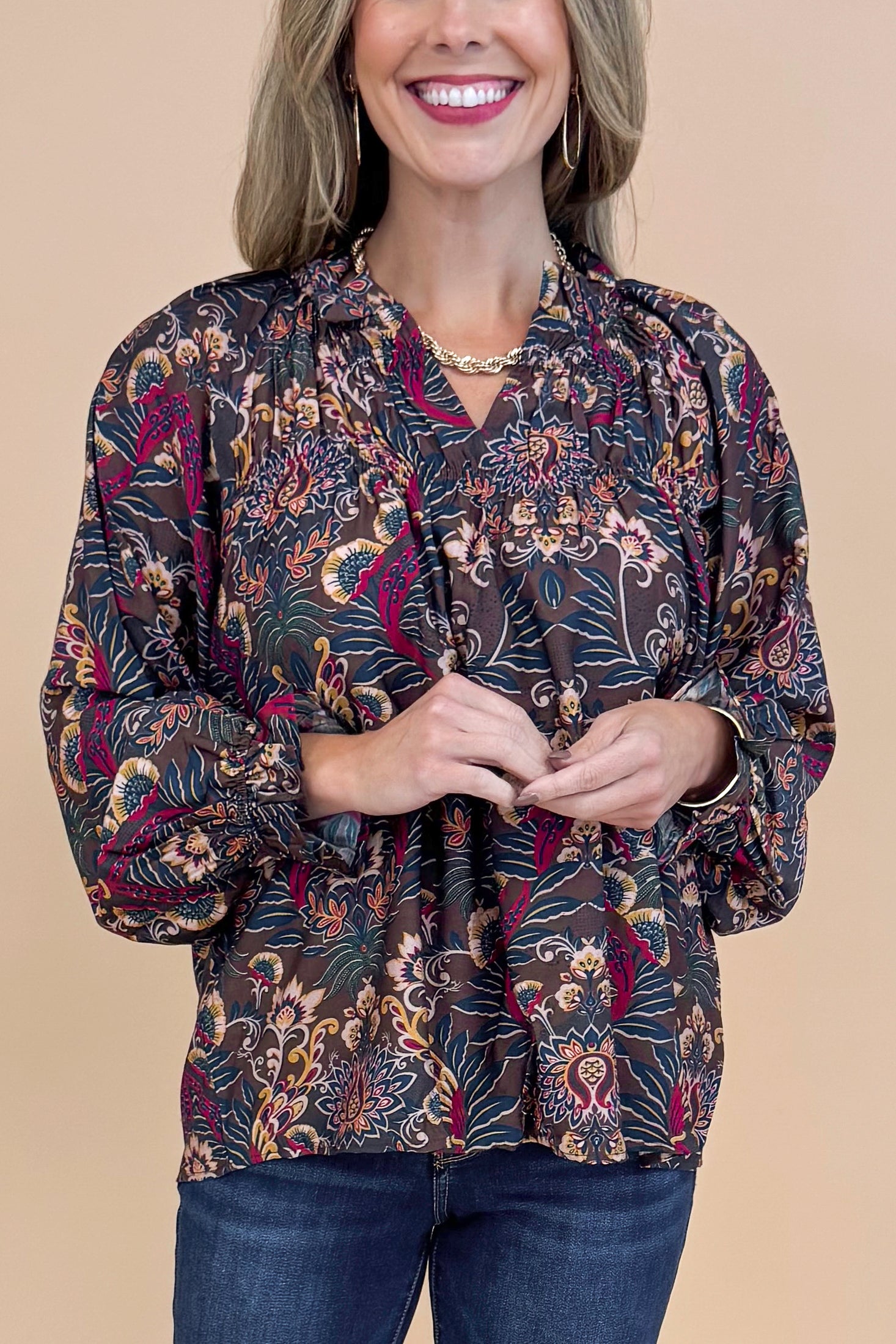 VIP Vibes Brown &amp; Multi Printed Long Sleeve Top
