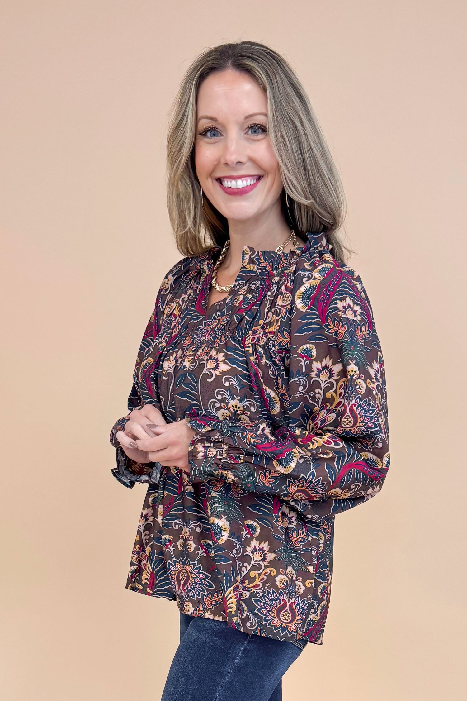 VIP Vibes Brown &amp; Multi Printed Long Sleeve Top