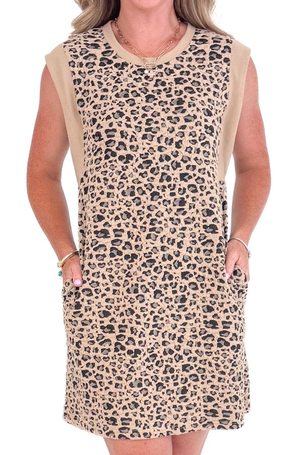 PURR MY LAST EMAIL TAUPE LEOPARD JACQUARD DRESS