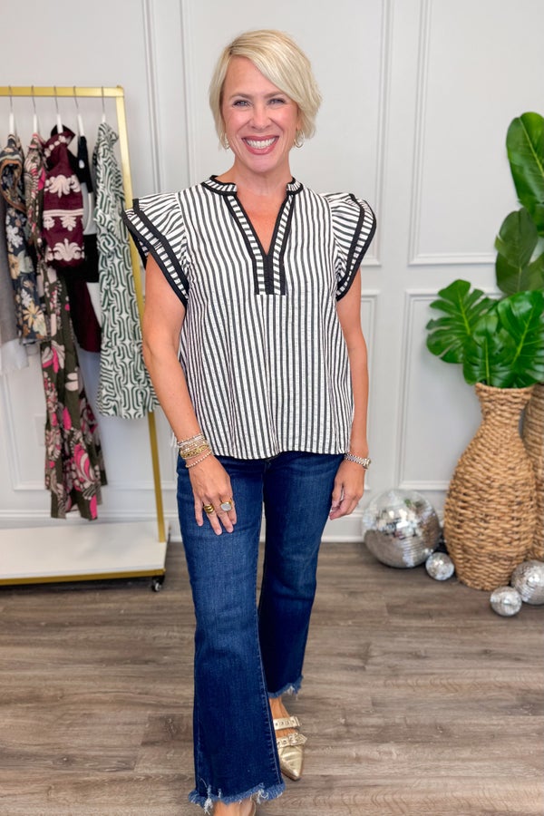 Rise &amp; Shine Black Striped Flutter Sleeve Top by Entro
