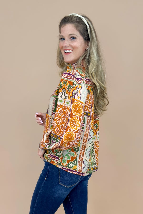 Travel Light Taupe, Rust &amp; Multi Printed V-neck Top